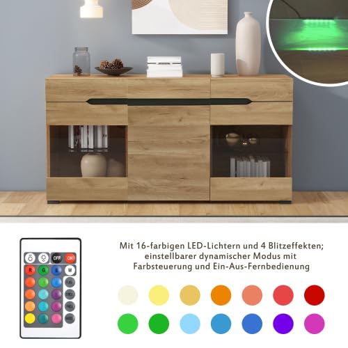 Credenza Moderna Color Legno Massello con Mobile da Ingresso A LED, Mobile da Soggiorno con Ampio Spazio di Archiviazione, Adatto A Casa E Ufficio