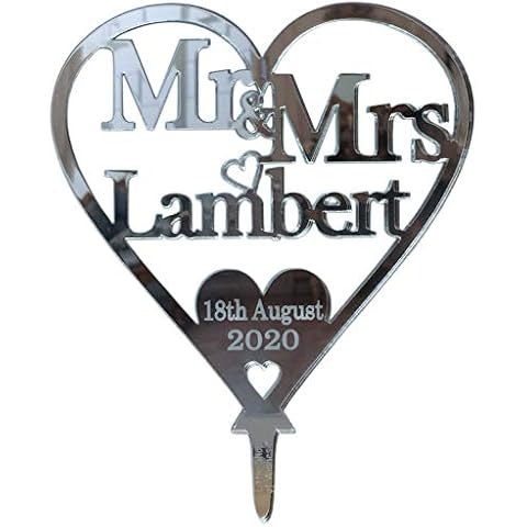 Personalised Mr & Mrs Wedding Heart Cake Topper Decorations 25th Anniversary Keepsake - Title Surname Date Decor (12.5cm) Silver Mirror Acrylic Cover