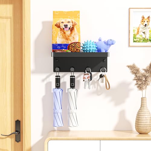 YYBO Hundegarderobe Schlüsselbrett Mit Ablage, Schlüsselhalter Wand, Schlüsselablage Schwarz, Metall Hundeleinen Halterung Wand für Flur, Eingangsbereich, Selbstklebend or Bohren