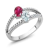 Gem Stone King 1.34 Cttw Red Created Ruby and Sky Blue Aquamarine 2 Stone 925 Sterling Silver Ring for Women | Oval 6X4MM | Gemstone Birthstone | Available In Size 5, 6, 7, 8, 9
