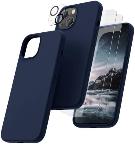 OIIAEE [5-in-1] for iPhone 13 Case 6.1",Liquid Silicone case with 2 Pack Screen Protector & 2 Pack Camera Protector, Ultra Slim Shockproof Soft Anti-Scratch Microfiber LiningBlack