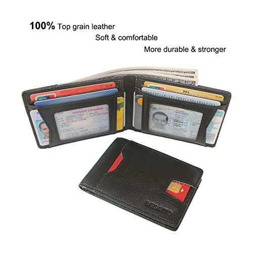 RFID Blocking Top Grain Leather Slim Bifold Wallet for Men with 2 ID Windows2