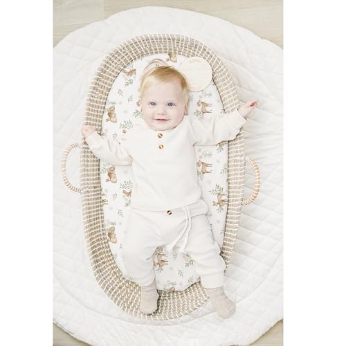 Image of Konssy 2 Pack Muslin Bassinet Sheets for Boys, Girls, 100% Cotton Soft Breathable Fitted Bassinet Mattress Sheet, 32 x 16 inches (Woodland,Sage)