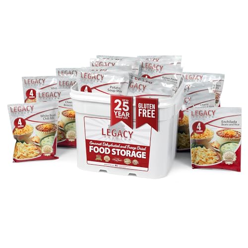 Image of Legacy Food Storage Gluten Free 120 Serving Bucket, Emergency Food Supply, 46,200 Total Calories, 120 Large Servings, Shelf Stable Lunch & Dinner Entrees, Freeze Dried Survival Meals for MRE Camping, Hiking, & Backpacking