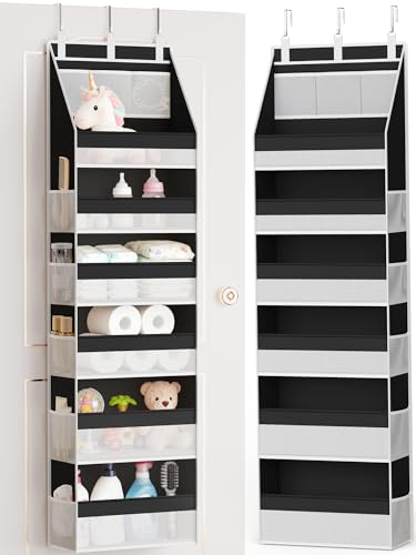 Criusia Over the Door Organizer, Heavy-Duty 6-Shelf Hanging Storage with 13 Mesh Pockets, 55lbs Capacity Behind the Door Storage for Nursery, Bathroom, Bedroom, and Dorm, Black