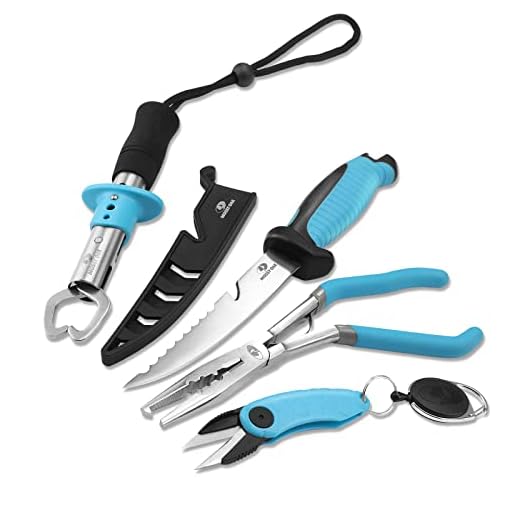 Mossy Oak 4pc Fishing Tool Kit - Pistol Grip Fishing Pliers, Fish Fillet Knife, Fishing Gripper, Line Snip, Fly Fishing Retractor with Retractable Lanyard