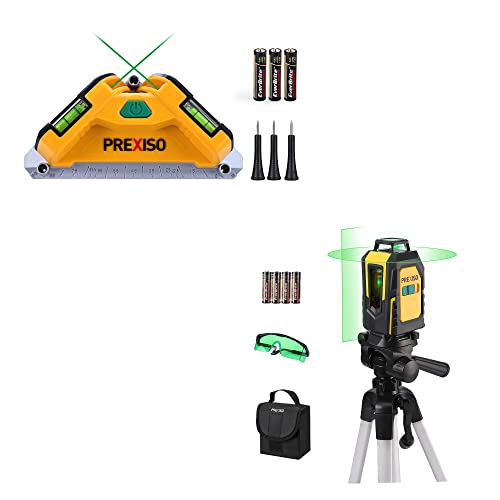 Prexiso Square Laser-65Ft Green Beam Floor Tile Laser Level & Prexiso 360° Laser Level With Tripod, 100Ft Self Leveling Cross Line Laser Level With Green Glasses, Portable Bag, 4 Aa Batteries #TOP24