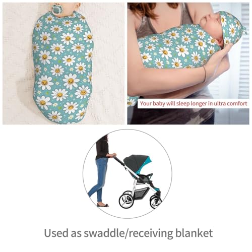 Image of Kawaii Happy Daisies Pattern Newborn Swaddle Blankets Hat Sets Soft Baby Receiving Blanket Swaddle Sack for Baby Shower Infant Boy Girl Gift