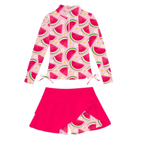 Image of Vogseek 3-12T Girls Rash Guard 2 Pieces Bathing Suit Long Sleeve Swimsuit Swimming Skirt with Shorts Swimwear