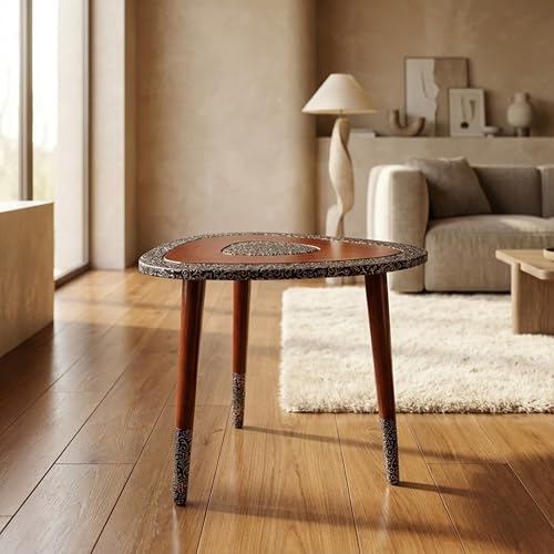 Image of Arvix Store Wooden Coffee Table with Engineered Wood Top- Solid Mango Wood Legs & Antique Aluminium Design- Perfect for Living Room & Home and Office Decor (Triangle)