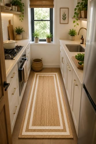 Image of Handmade Natural Jute Runner Rug for Hallway Living Room Kitchen Bedroom Floor Carpet (Beige + White Design, 2x5)