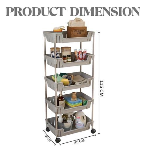 Image of JD FRESH 5-Tier Multi Storage Rack for Home & Kitchen /360-Degree Rotating Wheels with Breathable Kitchen Shelf Storage Rack /Plastic Rolling Cart for Kitchen, Bathroom, Office & Living Room (Grey)