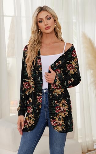 Image of DB MOON Womens Long Cardigan Sweater Lightweight Open Front Long Sleeve Outfits with Pockets XL, Brown Floral