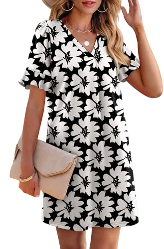 Image of OFEEFAN Summer Dresses for Women Ruffle Short Sleeve V Neck Casual Shift Dress with Pockets