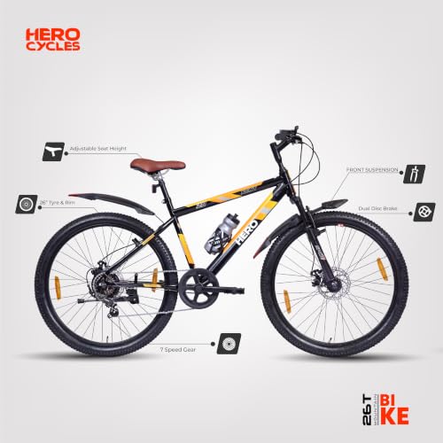 Image of Hero Next Sports 26T Single Speed Mountain Bicycle for Mens | Front Suspension | Disc Brake | Black-Orange| 85% Assembled Cycle