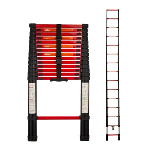Image of Amazon Basics 4.4 m (14.45 ft) Compact Alloy Steel Telescopic Ladder | 15-Step Extendable & Foldable | Portable Multipurpose