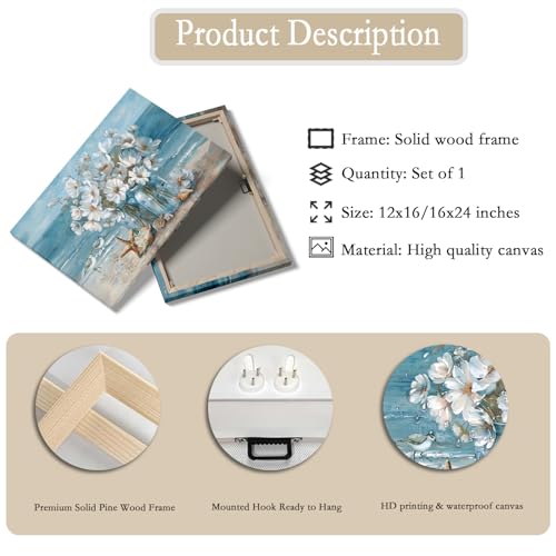 Blue Coastal Beach Bathroom Wall Art Seaside Seashell Starfish Painting Print Mason Jar White Daisies Canvas Picture Wall Decor Seascape Theme Flower Print Artwork for Living Room Bedroom 16x24" - Image 4