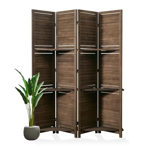 Room Divider with Shelves, 5.6 Ft Tall Folding Wood Screen