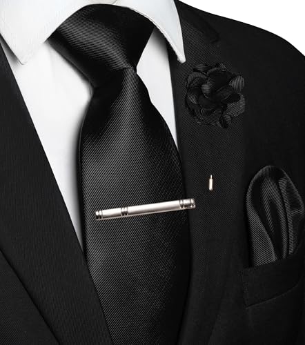 Image of JEMYGINS Formal Necktie Solid Color Tie and Pocket Square with Tie Clip Lapel Pin Sets for Men 4PCS