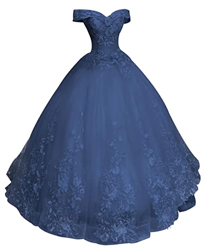 HUINI Ballkleider Lang Damen Schulterfrei Quinceanera Kleider Spitze Brautkleid Prinzessin A-Linie Abendkleid Teal 46
