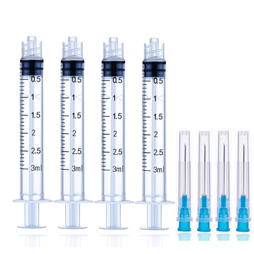 4 Pack 3ml Syringe with Needle, Disposable Syringes with Needle 23G, 1.0 Inch, Luer Lock Syringes, Syringe for Liquid, Individually Sterilized Wrapped (3 ML, 4 Pack)