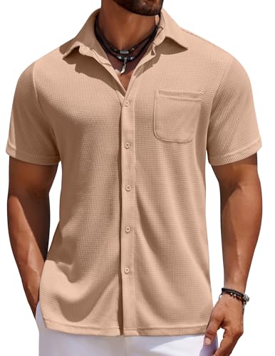 COOFANDY Men's Knit Shirt Short Sleeve Button Down Retro 70S Textured Polo Shirts Bowling Shirts