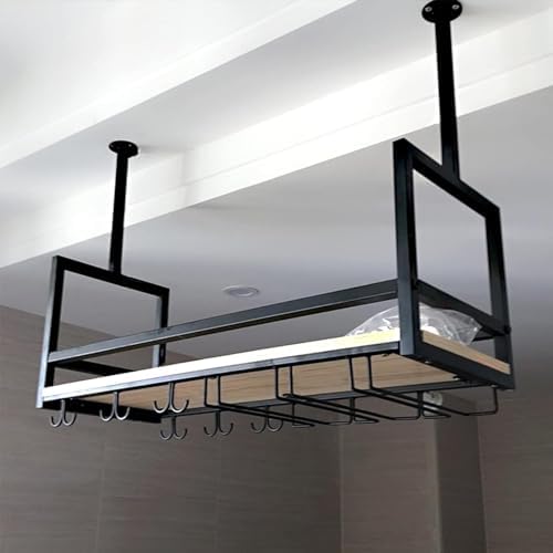 Ceiling Shelf - Ceiling Hanging Wine Glass Holder, Kitchen Hanging Storage Rack, Wall Mounted Solid Wood Wine Glass Holder with Guard Rails, for Kitchen/LOFT/Bar (Size : 100 * 30 * 60cm)