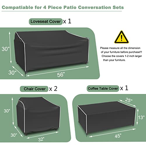 Patio Furniture Covers Waterproof 4-Piece, Covers For 4 Pcs Patio Ourdoor Conversation Set, Patio Covers Set Included: Patio Loveseat Cover, 2 Ourdoor Chair Covers, Patio Coffee Table Cover -L-Black #TOP1