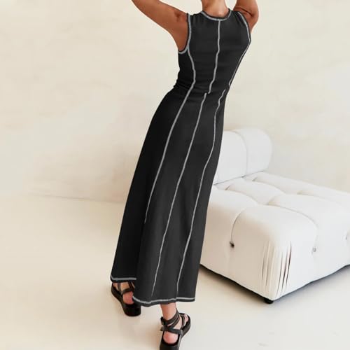 Women's Summer Sleeveless T Shirt Dress Contrast Stitch Ribbed Knit Tank Maxi Dresses Casual Beach Long Midi Dress3