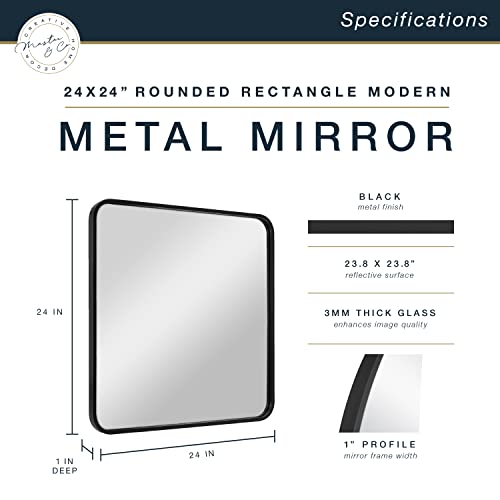Image of MCS Master & Co. Modern Metal Large Wall Mirror, Minimalist Home Decor Square Mirror with Rounded Corners for Living Room, Bedroom, or Bathroom, Black, 24 x 24 in