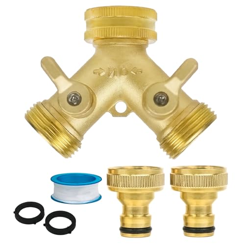 Celebration Directre 2 Way Brass Garden Tap Splitter Double Way 3/4 Garden Hose Splitter Y Valve with Quick Individual On/Off Splitter Connector for Outdoor & Garden Hoses