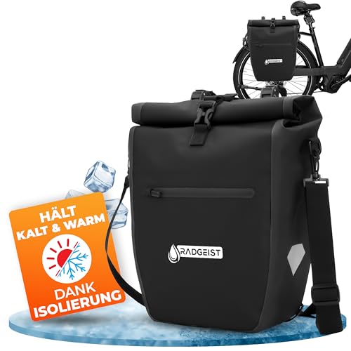 RADGEIST Fahrradtasche für Gepäckträger - Tasche für Fahrrad Gepäckträger - Gepäckträgertasche wasserdicht Umhängetasche (Schwarz 20L isoliert, Einzeln)