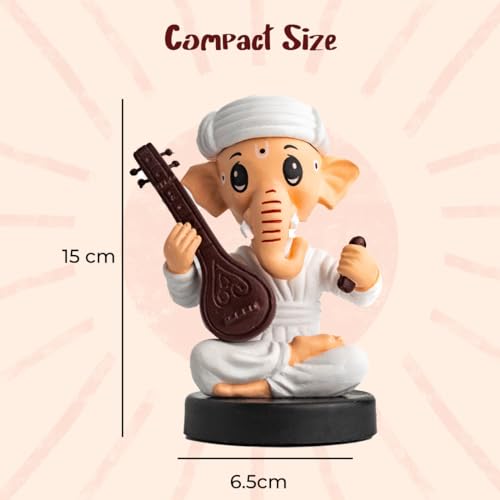 Image of Ganesh Idol for Car Dashboard Bobblehead, Home Decor Items for Living Room, Office Desk, Ganpati Murti for Gifting, God Statue for Good Luck, Superhero Action Figure, Sitar and Kartal, White