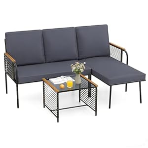 LIFEZEAL 3-TLG Balkonlounge, Rattan Gartenmöbel Set mit Glastisch, Gartenlounge Set Ecklounge Gartensofa mit Kissen, Outdoor Lounge Möbel Terrassenmöbel für Garten, Terrasse & Balkon