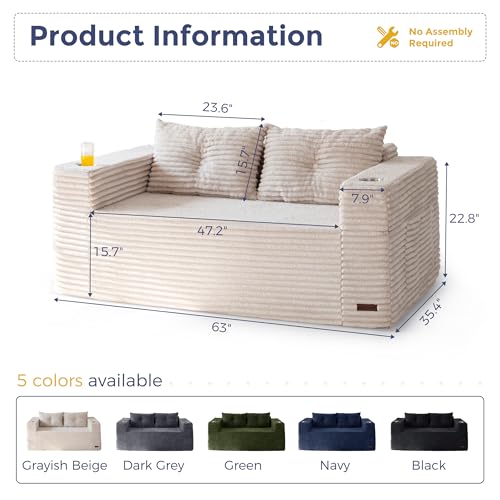 Image of MAXYOYO 63 inch Boneless Loveseat Sofa Couch for Small Spaces, Mini Love Seat Floor Couch with Cup Holders and Pillows, 2-Seater Upholstered Cloud Couch for Bedroom Apartment, No Assembly Required