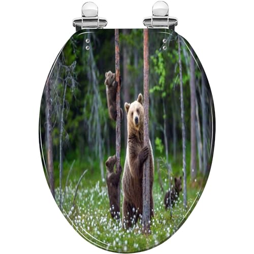 Elongated Toilet Seat bear cubs Resin Toilet Seat Slow Quiet Close with Quick-Release Hinges Toilet Seat with Cover Easy to Clean Install