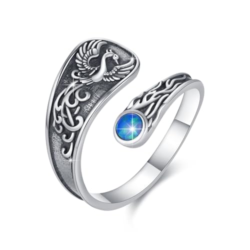 Bague phénix pour femme en argent 925 et opale bleue ajustable