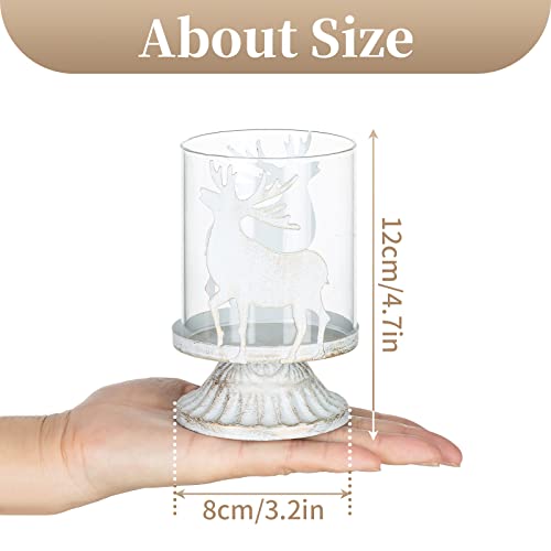 Sziqiqi Vintage Antique Metal Pillar Candle Holders Set of 2, Distressed Hurricane Candlestick Candle Holders Prefer Centerpieces for Christmas Table Mantle Fireplace Decoration, Deer