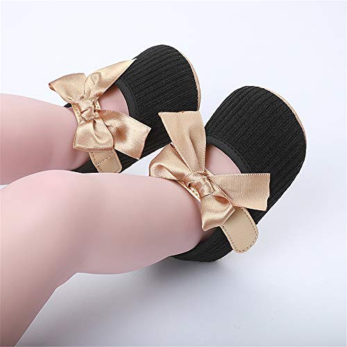 Bellocasa Baby Mary Jane Flats for Girls with Bowknot Cotton Anti Skid Sole Infant First Walker Princess Dress Crib Wedding Shoes (A/Black, 0_Months)