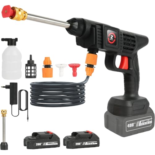 Hidrolimpiadora Bateria, 21V MAX 35Bar Hidrolimpiadora de Alta Presion, Press & Clean Pistola Lavado con Baterías, Jarra de Espuma, Manguera de 5m, de para Coche, Césped (con 2 Batería de 4000 mAh)