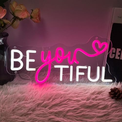 Image of Be Your Tiful Neon Sign For Spa Beauty Room Nail Brows Lashed Salon Studio LED Wall Art Decor For Business Stores Logo Barber Shops Led Word Indoor Custom Neon Lights 5V USB Pink White 40x19.6 CM
