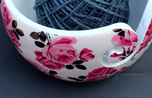 Image of Multi Purpose Wooden Yarn Bowl - Yarn Holder Rosewood - Knitting Bowl Handmade Wooden Yarn Bowl for Knitting and Crochet | Large Knitting Bowl Mother's Day Gift (Pink Flower)