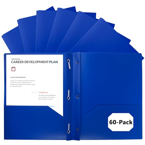 EEHZTSI 60-Pack Plastic Folders with Pockets and Prongs,2-Pocket Poly Folders with 3 Fasteners Holds 8-1/2