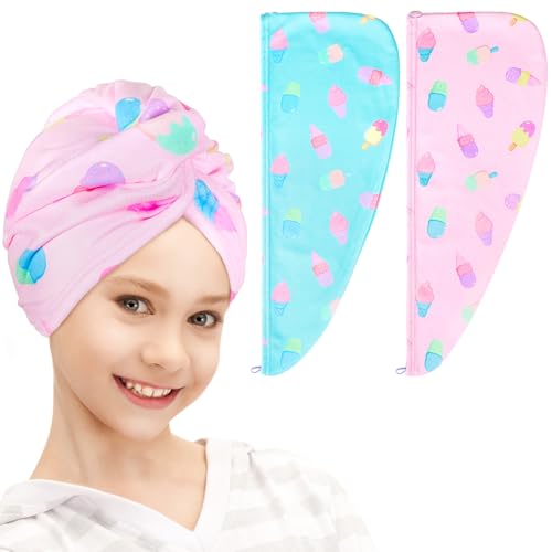 Image of FIOBEE Microfiber Hair Towel Wrap for Kid Girls Rapid Drying Hair Turbans | Absorbent & Soft Hair Wrap Towel, Easy Wear On With Button, For Girls Women Long Curly Hair, Turbie Twist Hair Towels