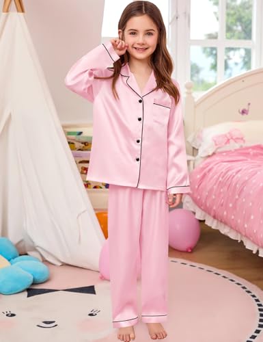 SWOMOG Girls Silk Pyjamas Long Sleeve Satin Kids Button-Down PJs Sets Cute Print Pink 14-15 Years