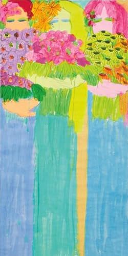 Peinture Walasse Ting Fille aux fleurs grand format pour salon moderne