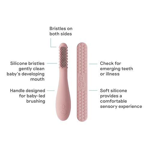 Image of ezpz Baby-Led Toothbrush + Tongue Depressor Dual Pack (Blush) - 100% Silicone Toothbrush + Silicone /Stainless Steel Tongue Depressor - Helps Set-up Infants for a Healthy Oral Care Routine