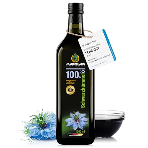 Kräuterland Schwarzkümmelöl 1L (1000ml), ungefiltert, Kaltgepresst, 100% Nigella Sativa, ohne Zusatz von Aromen, Frabstoffe & Konservierungsstoffe - direkt aus unsrer hessischen Ölmühle