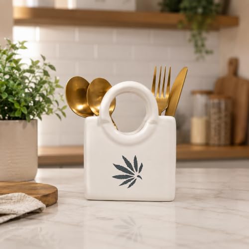 Image of Ceramic Cutlery Holder for Kitchen - 450 ml Utensil Organizer - White Floral Design - Spoon Stand for Kitchen Counter, Dining Table & Home Decor (Botanical Leaf)