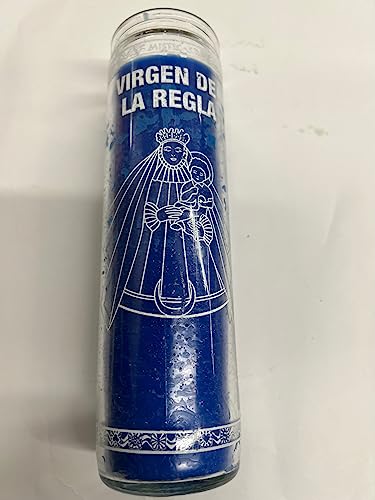 Our Lady of Regla (Virgen De La Regla) Unscented Blue Pillar Candle in Glass